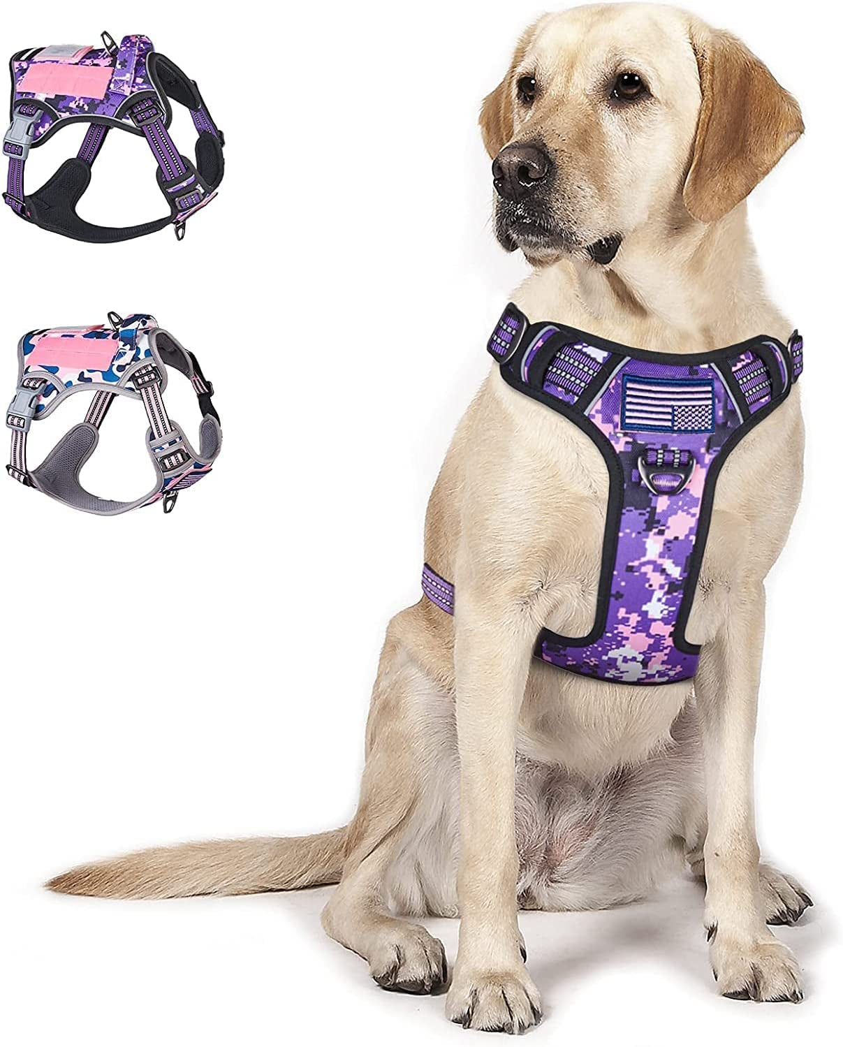 Tactical Dog Harness for Large Dogs No Pull, Famous TIK Tok No Pull Dog Harness, Fit Smart Reflective Pet Walking Harness for Training, Adjustable Dog Vest Harness with Handle Purple Camo XL